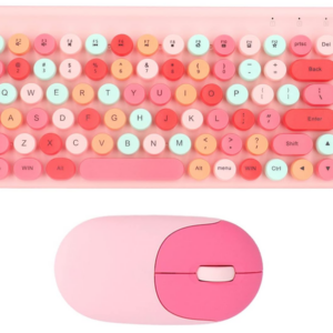 Teclado e Mouse, 2,4 G USB 86 Teclas Retro Round Cute Keycap 1200 DPI Conjunto de teclado e mouse sem fio para computador, Laptop, Desktops de PC, Mac (Rosa)