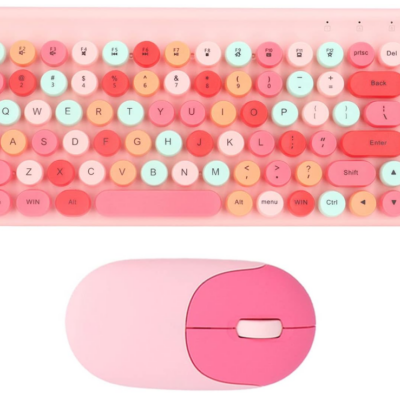 Teclado e Mouse, 2,4 G USB 86 Teclas Retro Round Cute Keycap 1200 DPI Conjunto de teclado e mouse sem fio para computador, Laptop, Desktops de PC, Mac (Rosa)