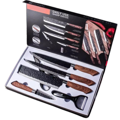 Kit de Facas 6 peças Cabo Madeira E Lâmina Preta Conjunto para Churrasco e Cozinha
